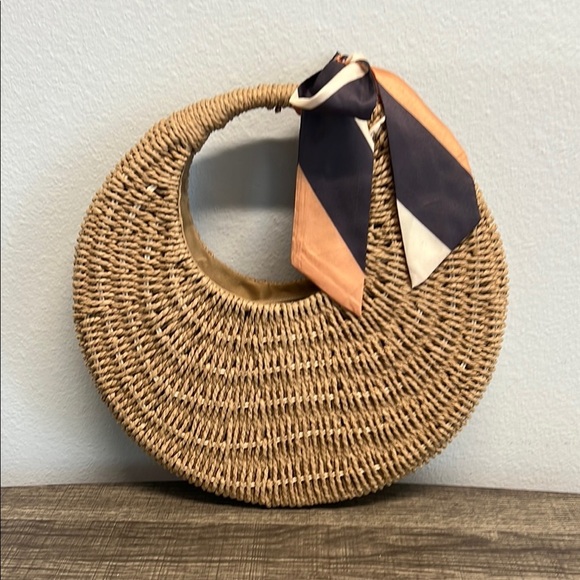 Madison West Handbags - Madison West Tan Woven Hobo Bag with Orange and Black Scarf